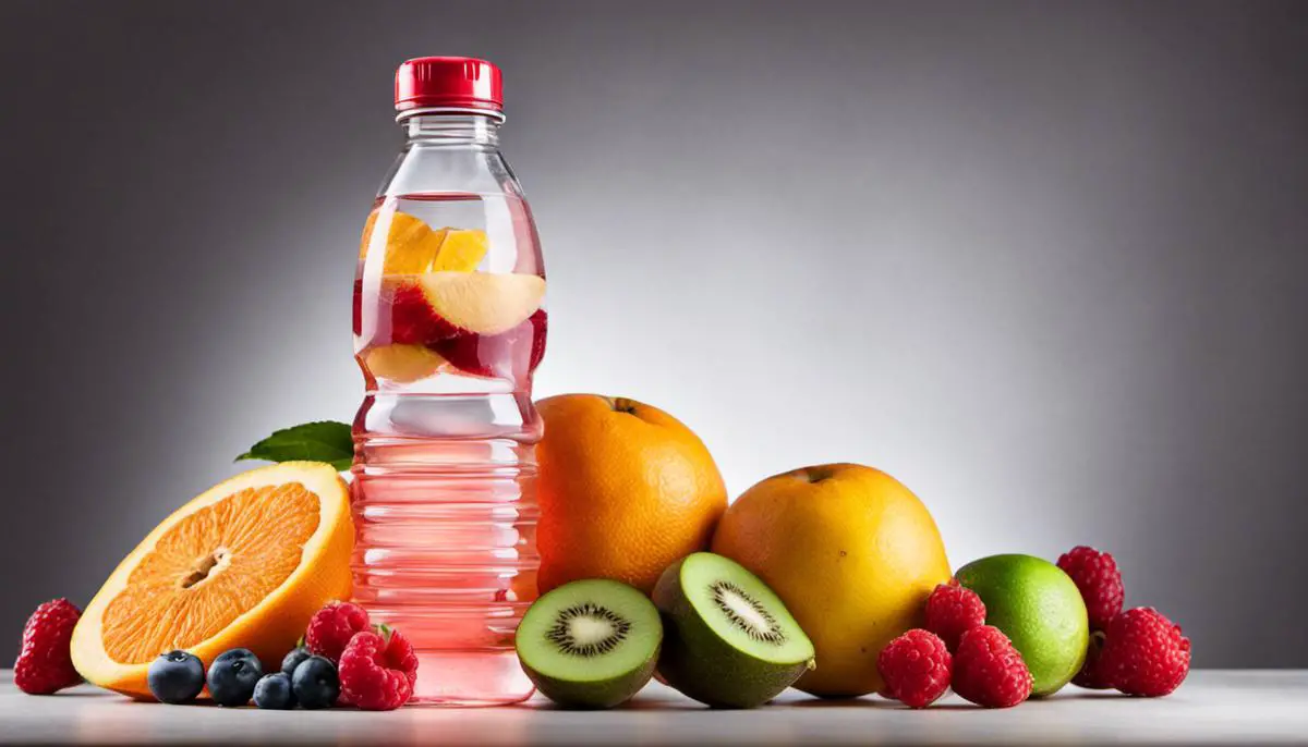 An image of a water bottle and sliced fruits next to each other, representing the importance of hydration and consuming water-rich foods for good health.