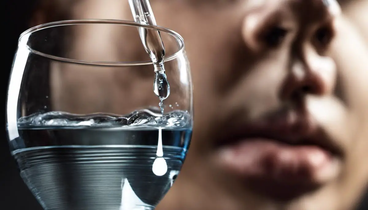 A person drinking water from a glass with a thermometer on the side, symbolizing the importance of hydration when ill.