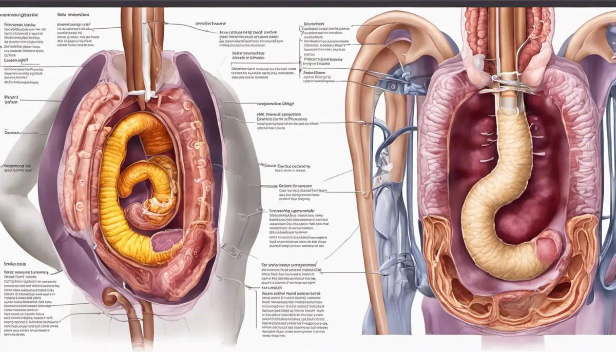 Illustration of an impacted bowel, showing the blockage in the intestines and the potential complications.