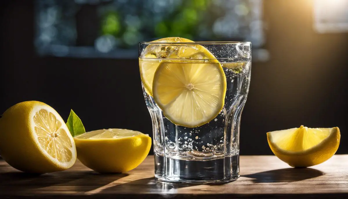 A person drinking water from a glass with a lemon slice beside it.