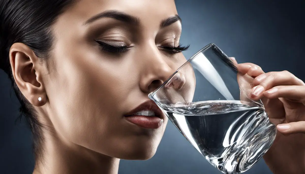 An image showing a person drinking a glass of water and feeling refreshed.