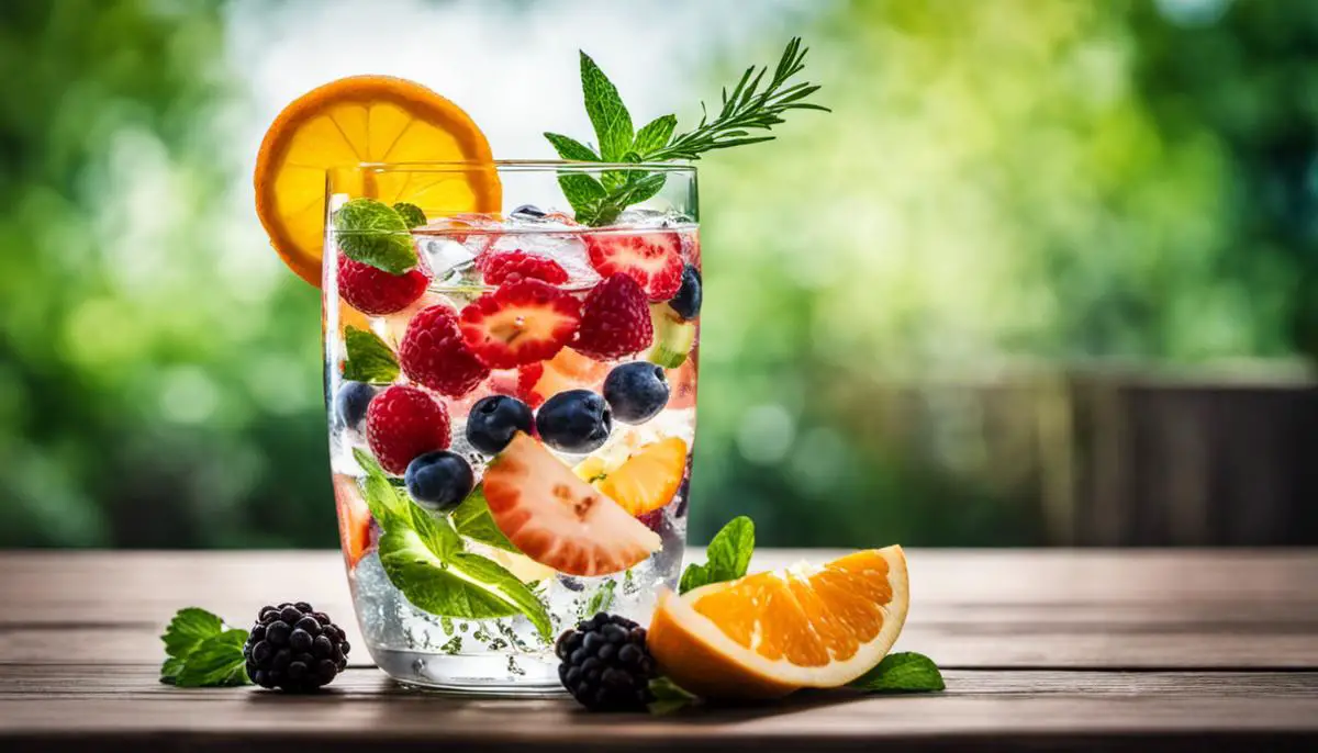 An image of a refreshing glass of infused water with sliced fruits and herbs floating in it