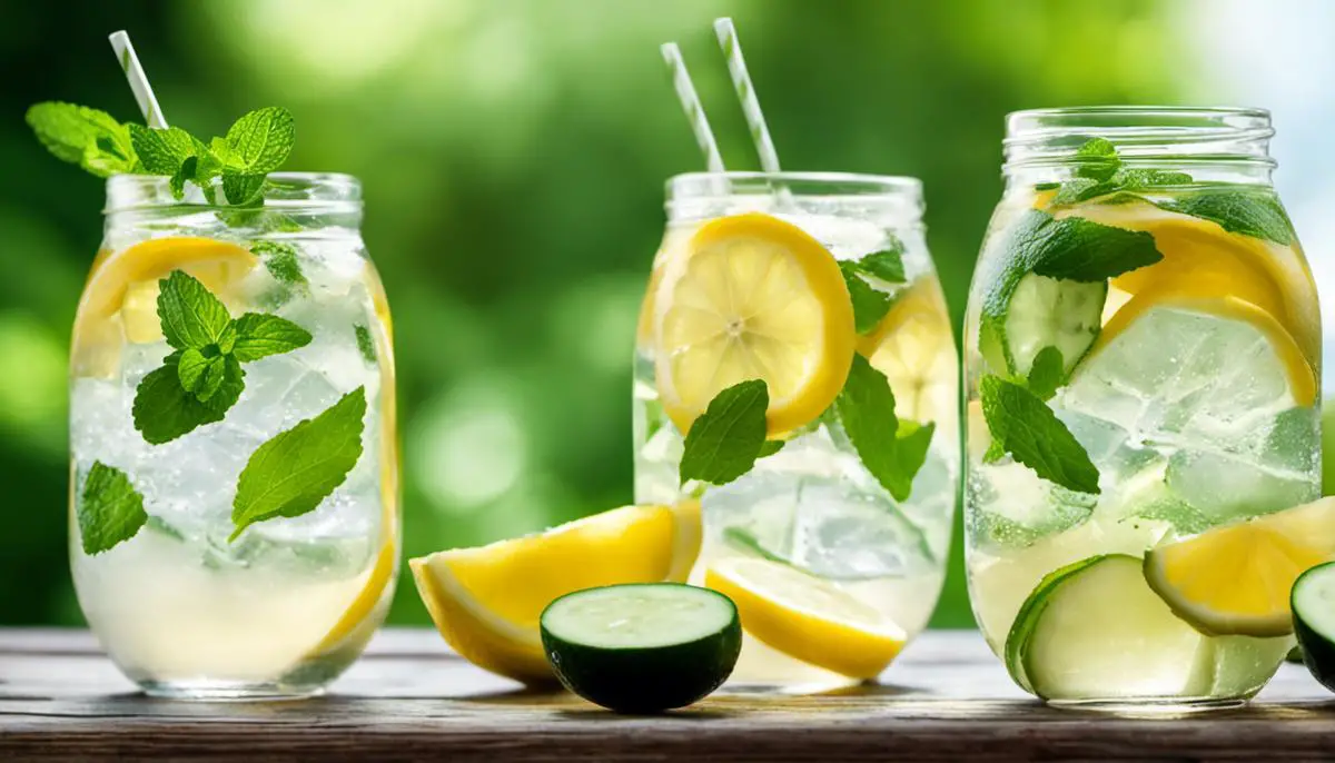 A refreshing glass of infused water with slices of lemon, cucumber, and mint leaves.