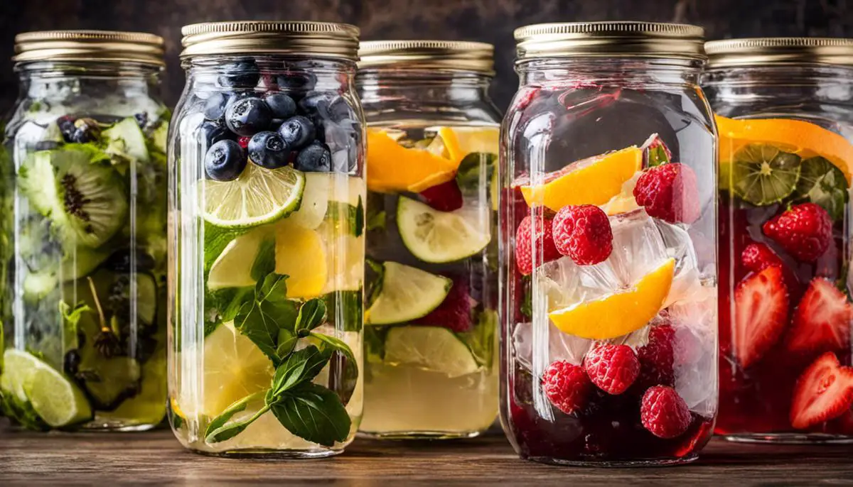 Assortment of flavored infused water in glass jars