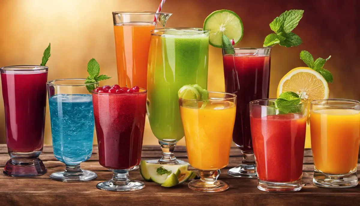 A colorful image depicting various glasses of juice, representing a variety of bedtime juice options.