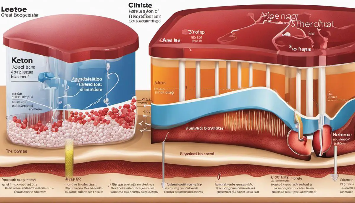 An illustration depicting the process of ketone accumulation in the blood and its impact on the body's acid-base balance.