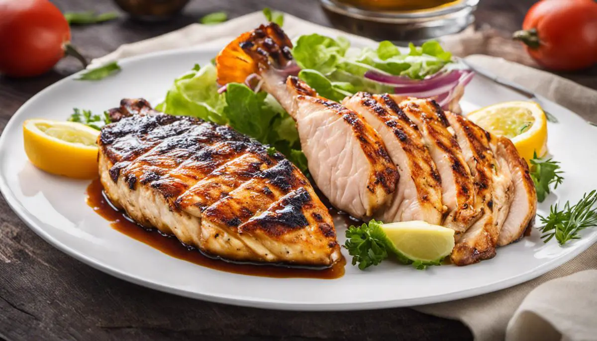 Image of a plate with grilled chicken, turkey, fish, and tofu, highlighting lean proteins as a solution for managing dyspepsia.