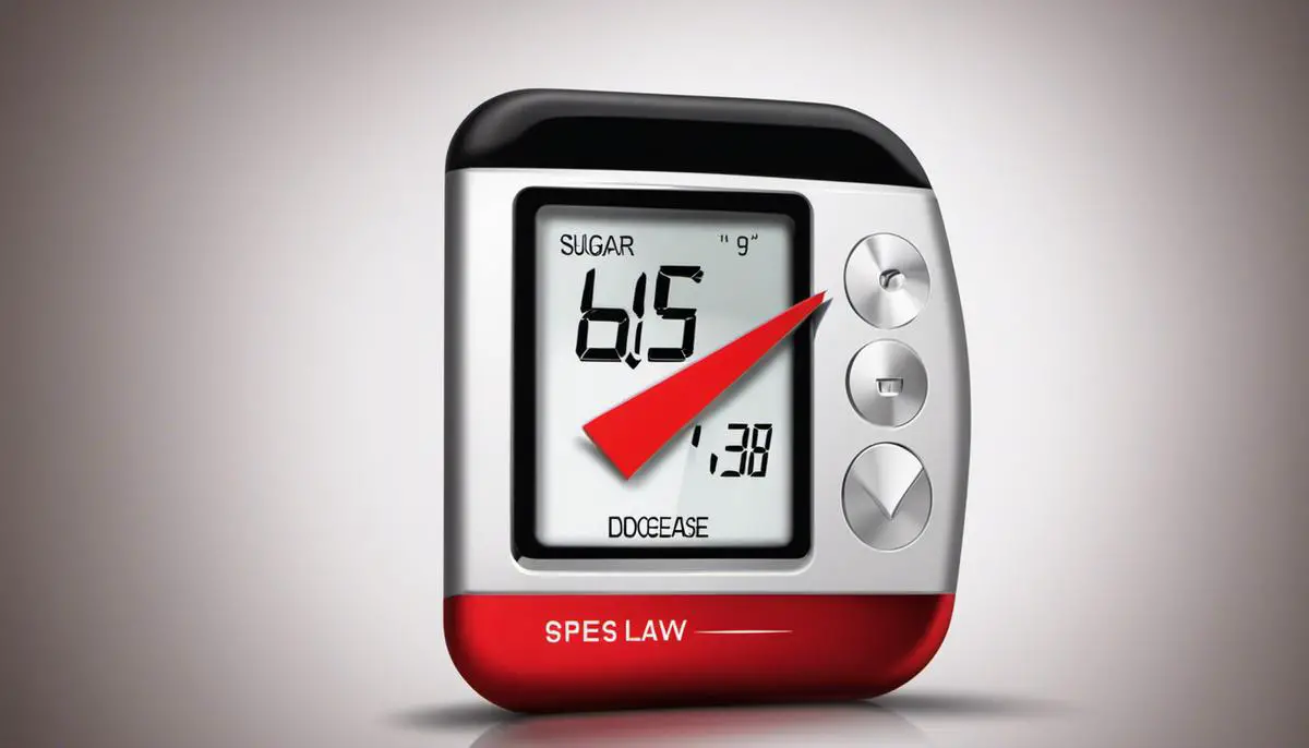 Illustration depicting the concept of low blood sugar, featuring a red blood glucose meter and a downward arrow indicating decreased blood sugar levels.