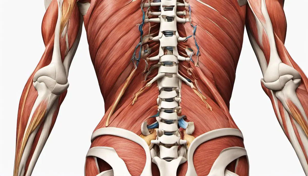 Illustration of lower back anatomy, showing the muscles, ligaments, and vertebrae.