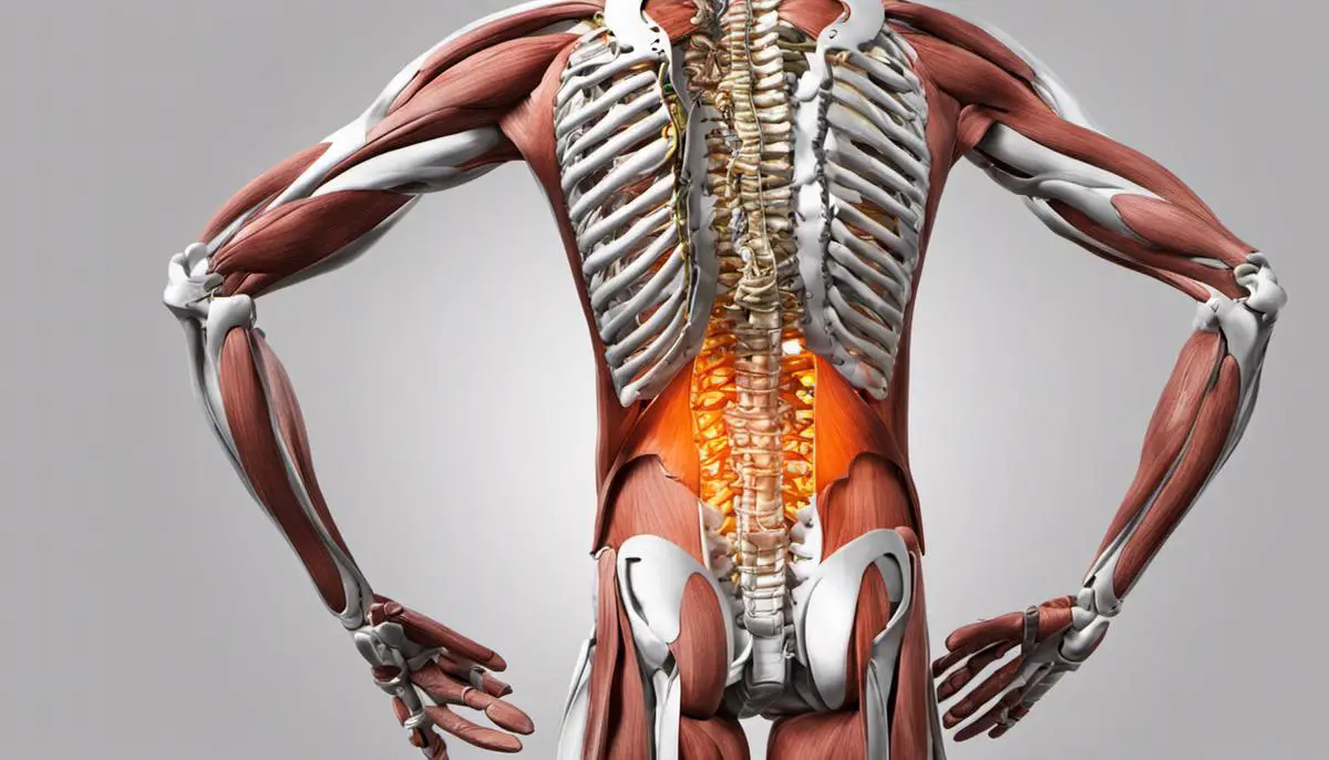 An image showing the anatomy of the lower back, highlighting the vertebrae, discs, and muscles