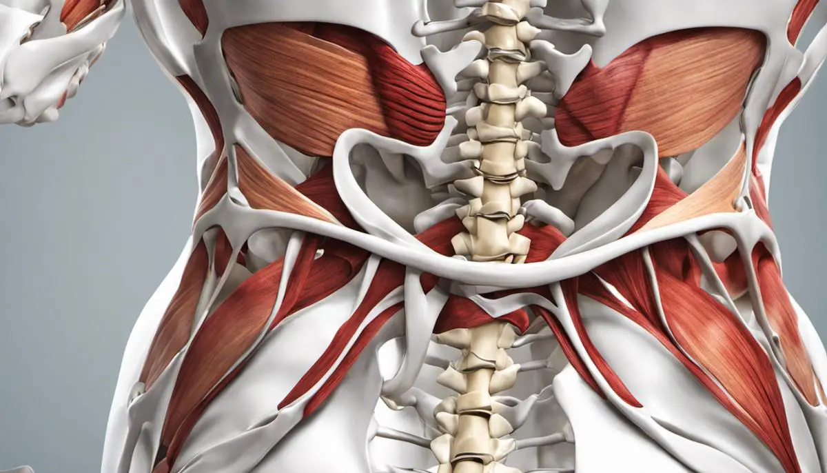 An image depicting the anatomy of the lower back, illustrating the vertebrae and muscles surrounding it.