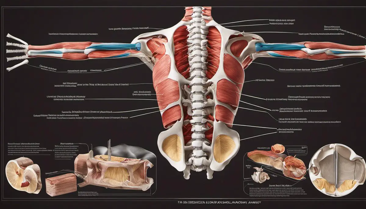 Illustration of the lower back anatomy, showing the spine, intervertebral discs, muscles, and joints.