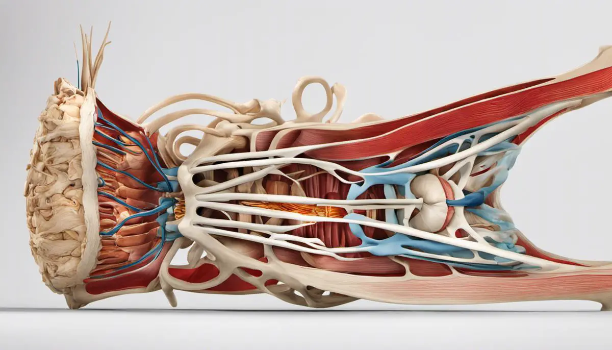 An image depicting the anatomy of the lower back, showcasing the vertebrae, muscles, ligaments, tendons, and nerves involved.