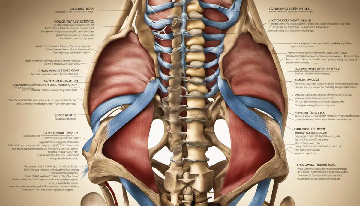 Illustration of the anatomy of the lower back, showing the vertebrae, discs, muscles, and nerves.