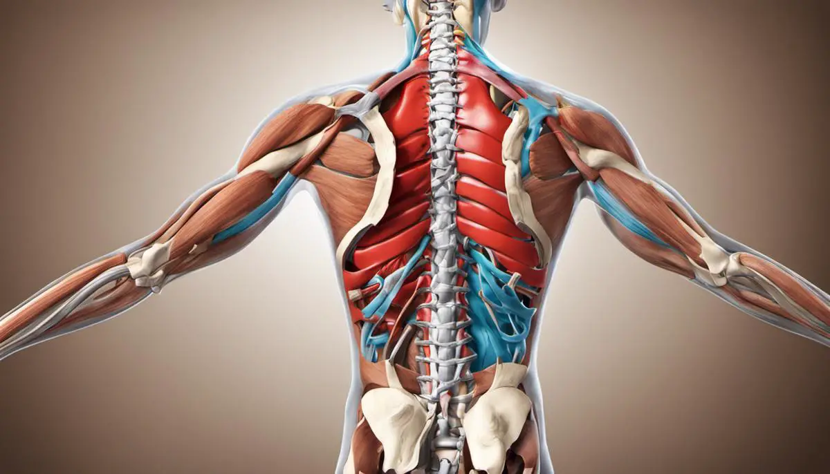 Illustration of lower back anatomy, highlighting the vertebrae, muscles, ligaments, and nerves involved.