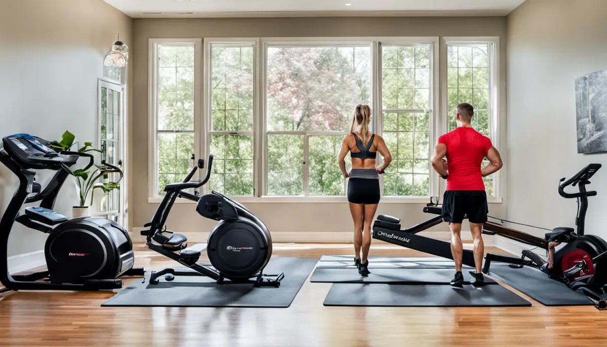 A collection of lower back exercise equipment including rowing machine, stability ball, foam roller, resistance bands, inversion table, and exercise wheel.