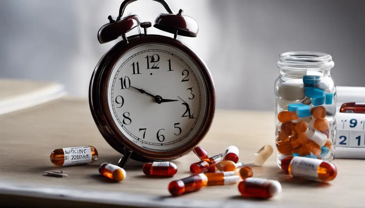 Image depicting a person taking medication next to a calendar and clock.
