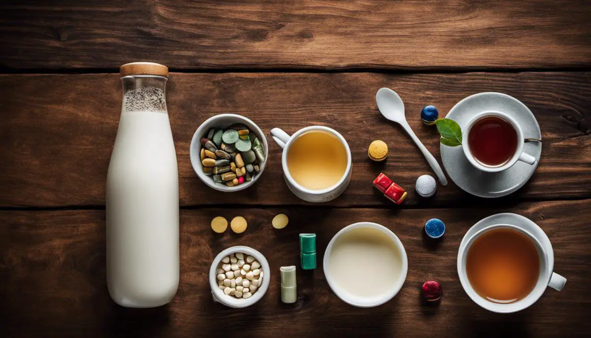 Image depicting a variety of medications and a cup of tea, representing different options for boosting milk supply.