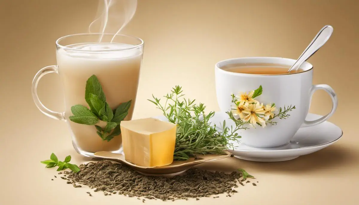 A cup of Mothers Milk tea with a tea bag and herbs, symbolizing natural milk production