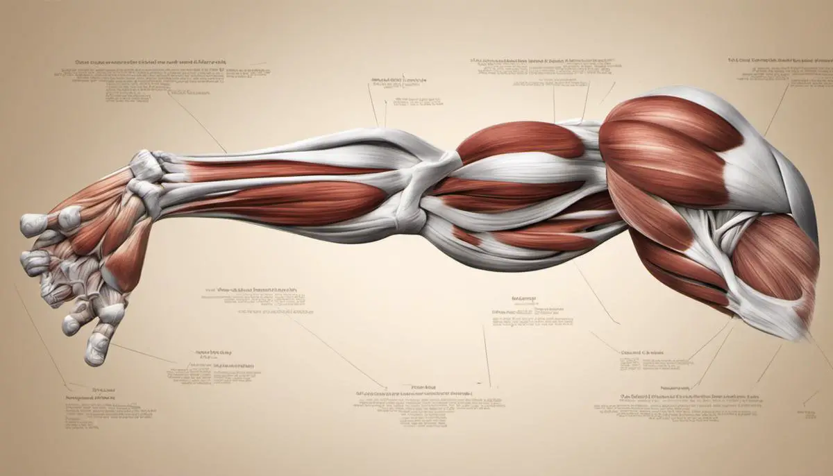 Illustration of arm muscle anatomy showing biceps, triceps, deltoids, and forearms