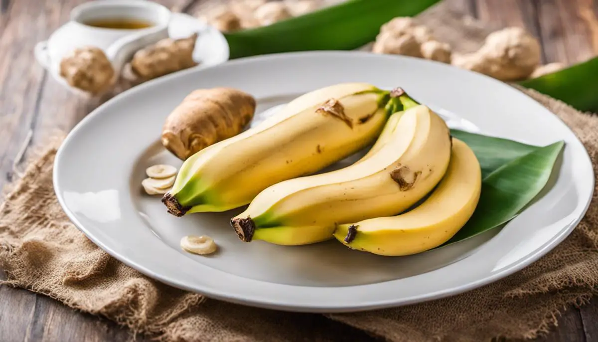 Image of ginger root and bananas on a plate, representing natural anti-bloating agents.