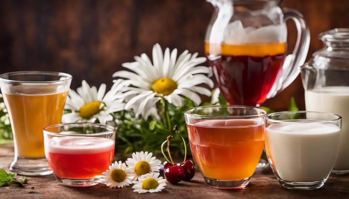 A variety of natural sleep drinks displayed on a table, including chamomile tea, cherry juice, and warm milk.