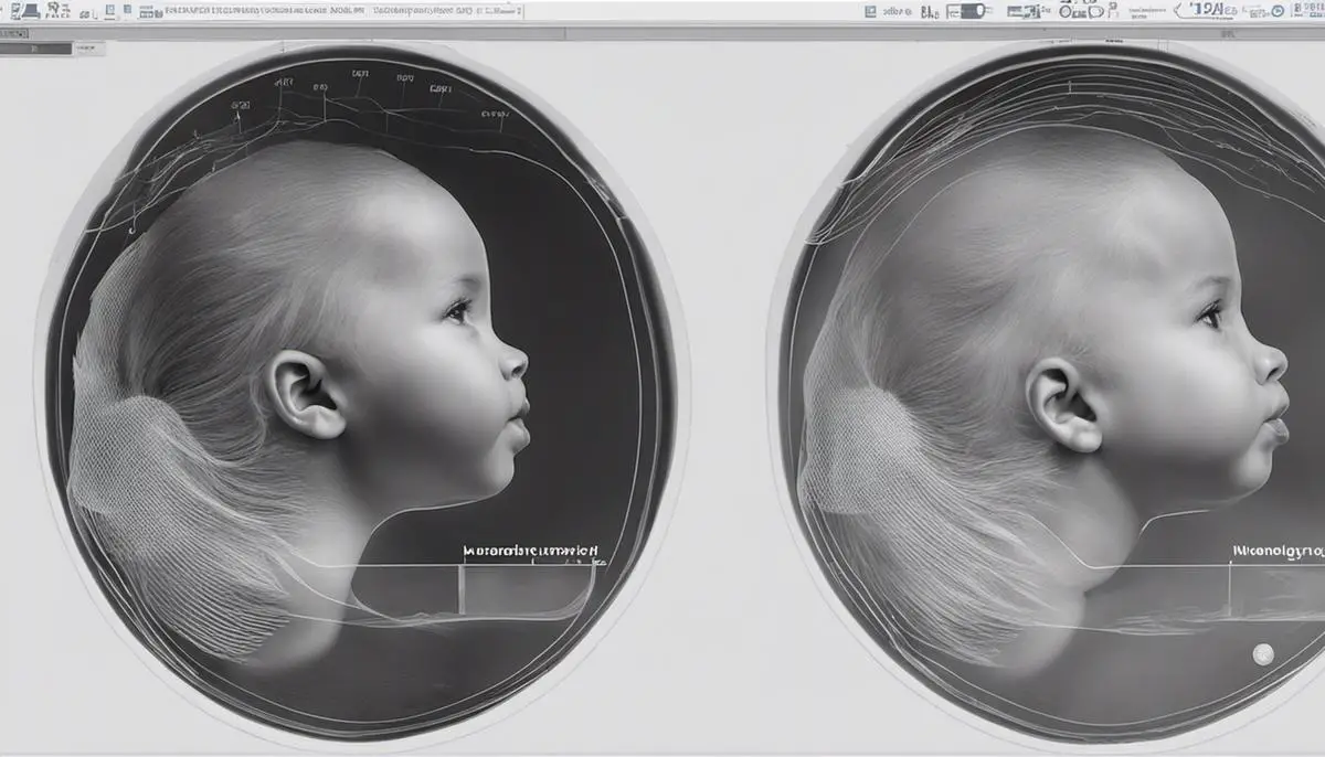 Ultrasound image showing the measurement of nuchal translucency in a baby's neck during pregnancy