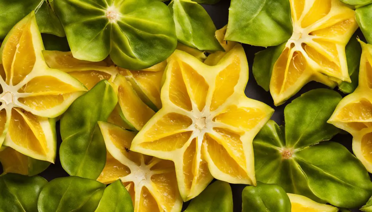 Close-up of a sliced star fruit, showcasing its star-like shape and vibrant yellow color.