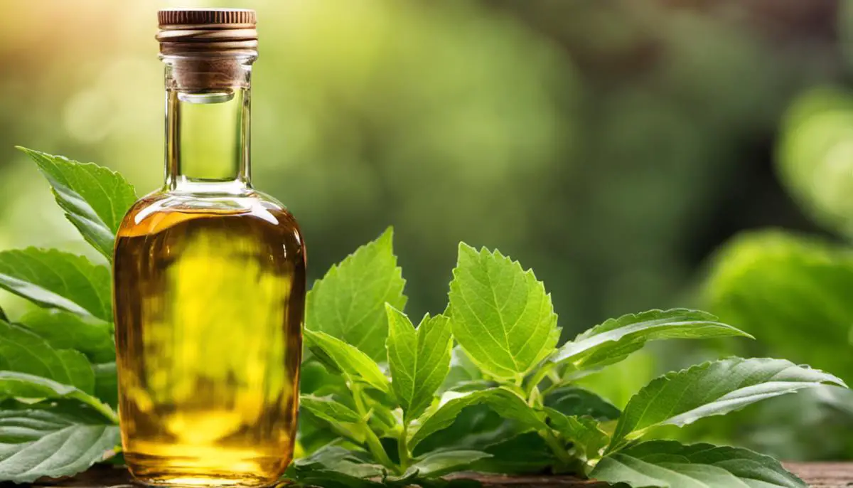 A bottle of castor oil with a plant in the background