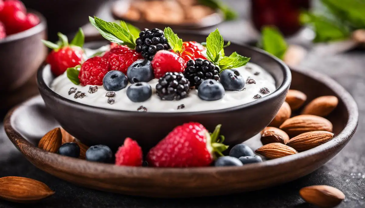 A bowl of Greek yogurt topped with almonds, chia seeds, and berries, representing a plant protein breakfast for diabetes management