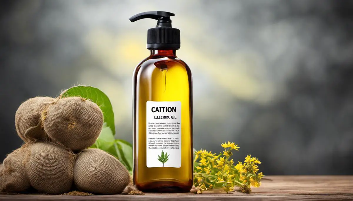 Image showing caution symbol and bottle of castor oil with allergic reactions text in the background