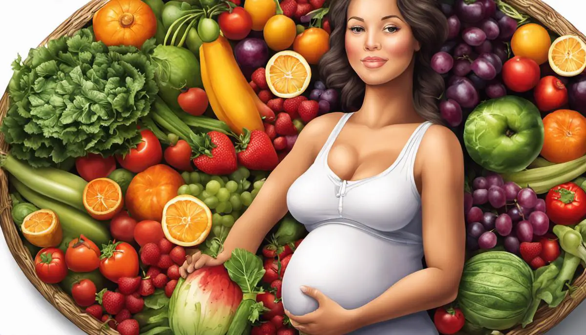 Illustration of a pregnant woman holding a plate of fruits and vegetables, depicting the importance of nutrition during pregnancy.