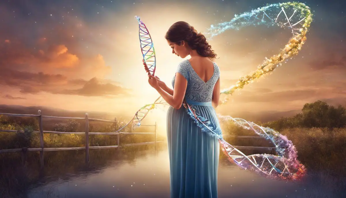 Illustration of a pregnant woman holding a DNA helix, representing pregnancy genetic testing for Autism