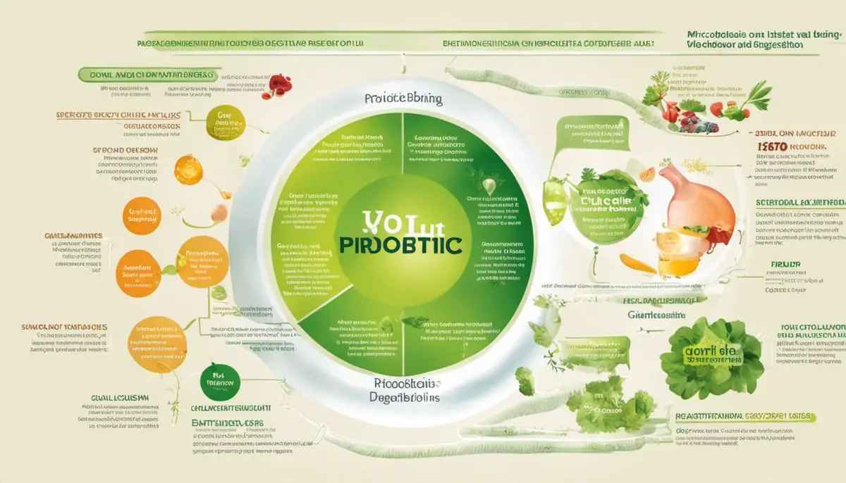 A diagram illustrating the relationship between probiotics and gut health, showcasing the gut microbiota and its impact on digestion and overall well-being.