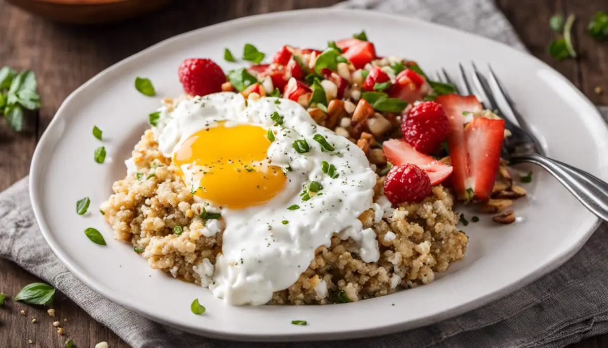 A plate of protein-rich diabetic breakfast with eggs, cottage cheese, Greek yogurt, and quinoa.