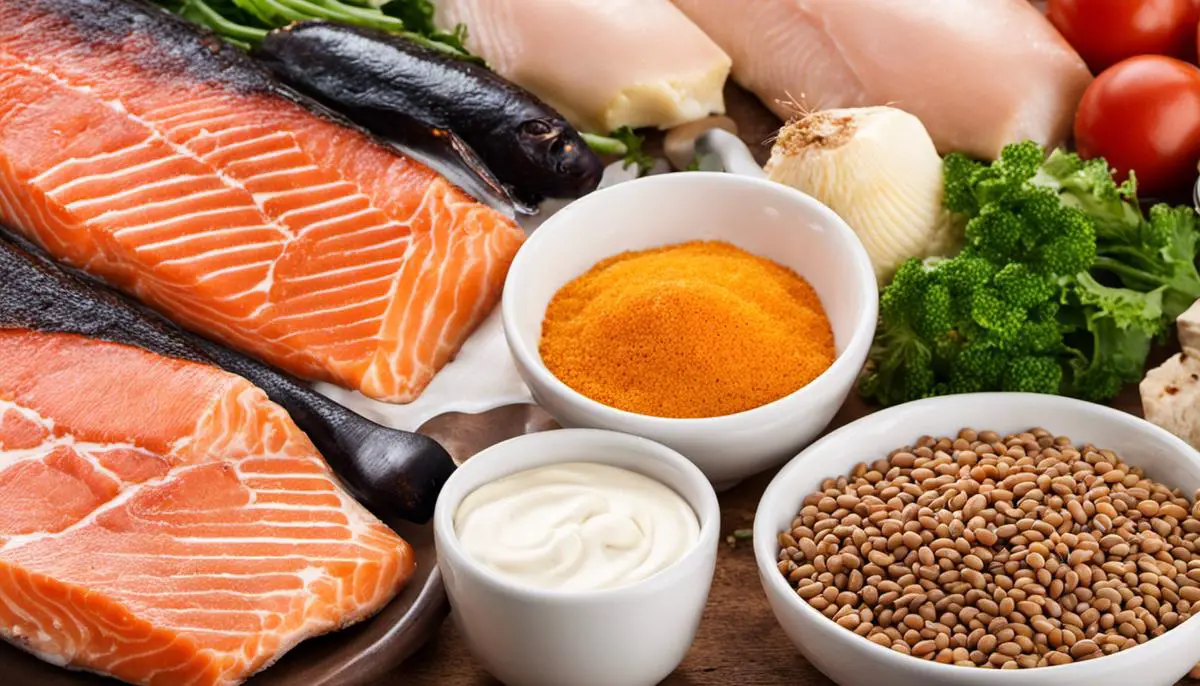 Various sources of protein for diabetics including lean meats, legumes, low-fat dairy products, and protein-rich fish.