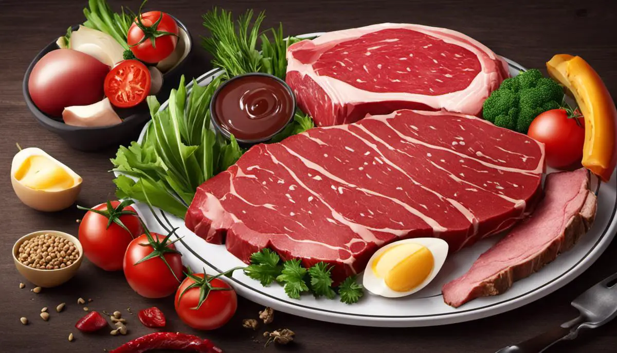 Illustration of a plate with red meat surrounded by protein-rich foods