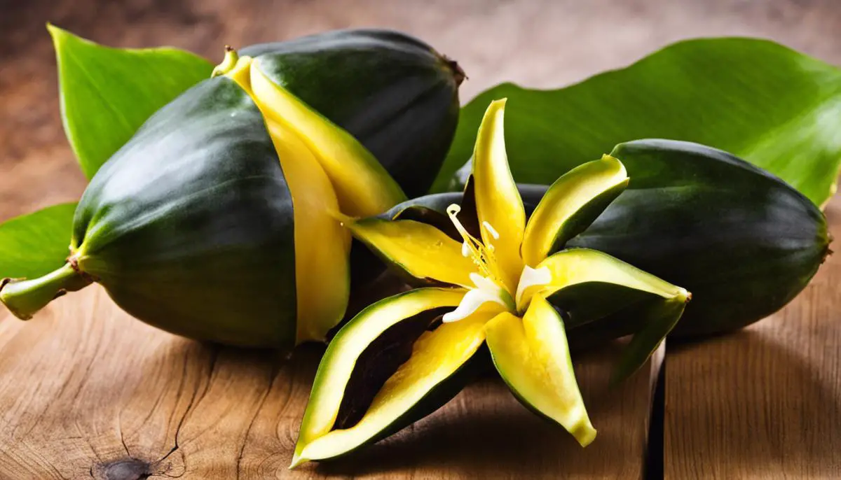 A ripe star fruit with bright yellow color and a smooth wax-like skin.