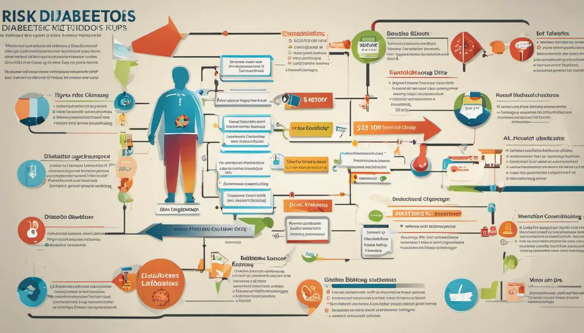 Illustration depicting the risk factors for Diabetic Ketoacidosis and Ketoacidosis, with arrows pointing towards factors such as type 1 diabetes, infection, emotional stress, poor blood glucose management, alcohol abuse, extreme dieting, and medical check-ups.