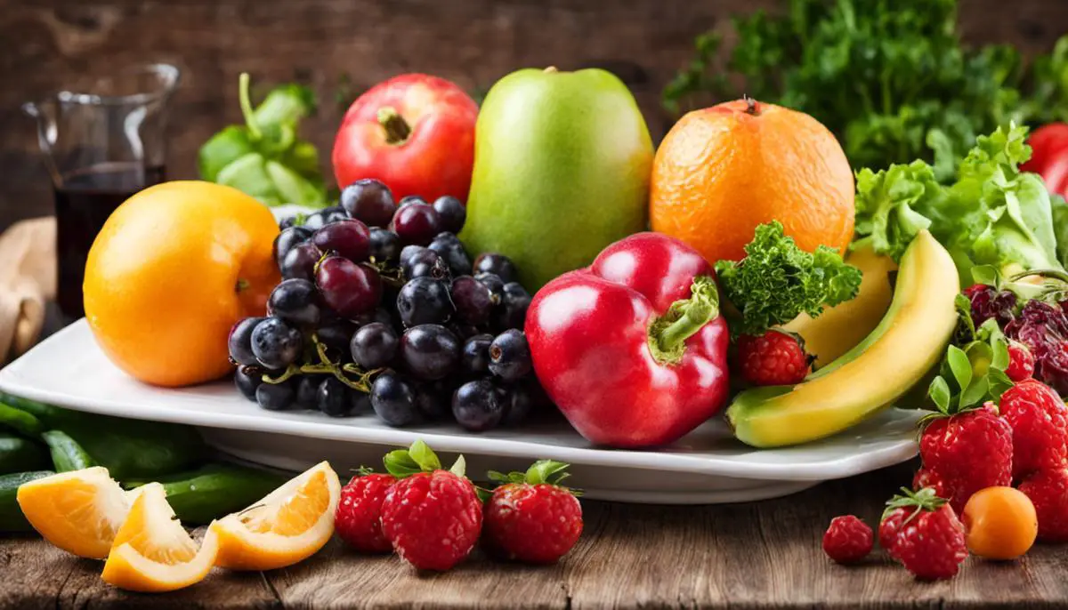 A plate with colorful fruits and vegetables representing a balanced diet for stroke prevention.