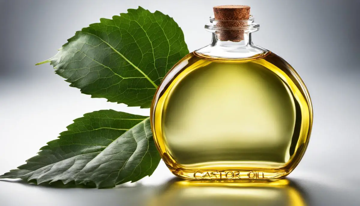 Image of a bottle of castor oil with a leaf on a white background