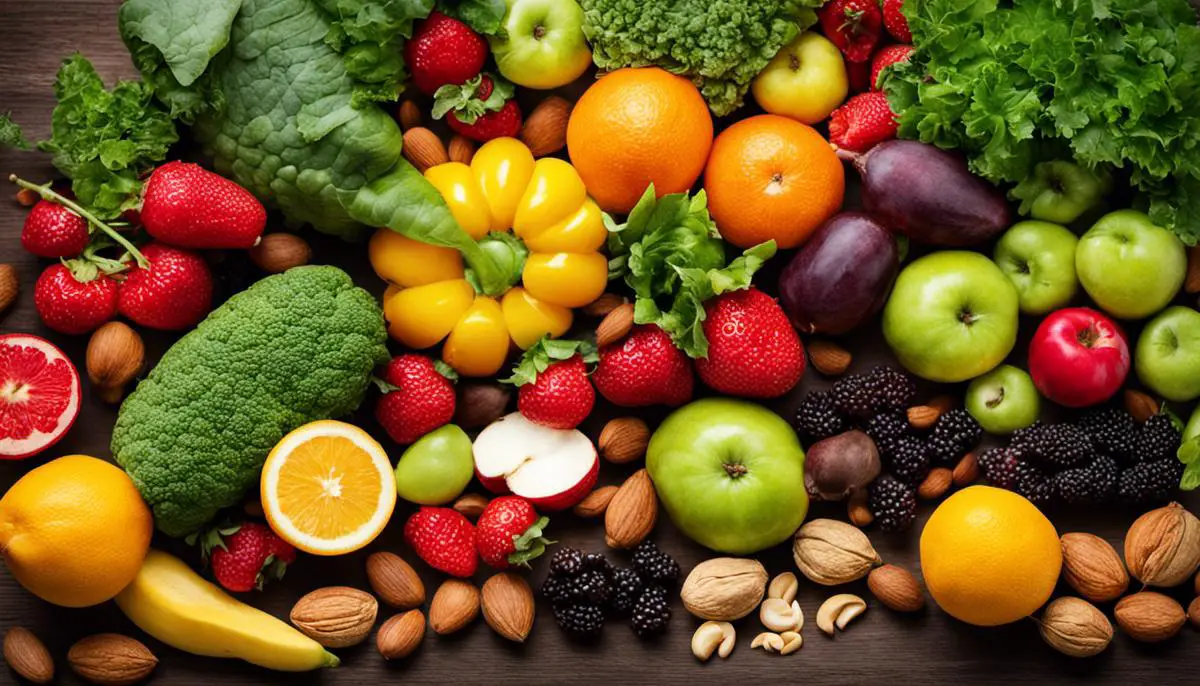 A variety of colorful fruits, vegetables, and nuts displayed together to represent the natural sleep-promoting ingredients mentioned in the text.