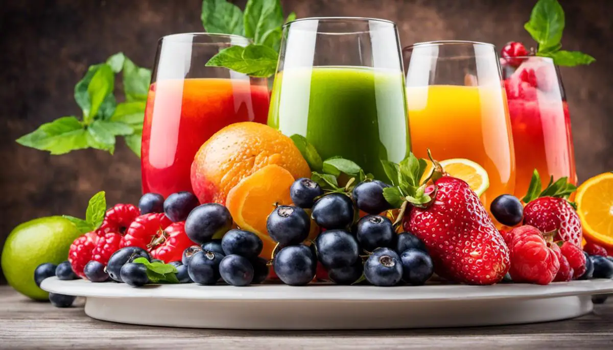 A variety of colorful juices in glasses with fresh fruits placed around them.