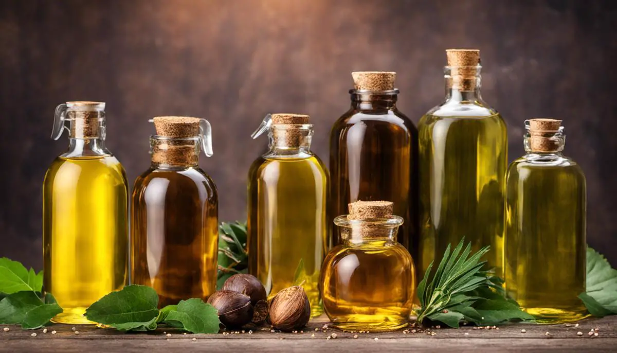 Image of bottles of castor oil and natural ingredients used in hair masks.