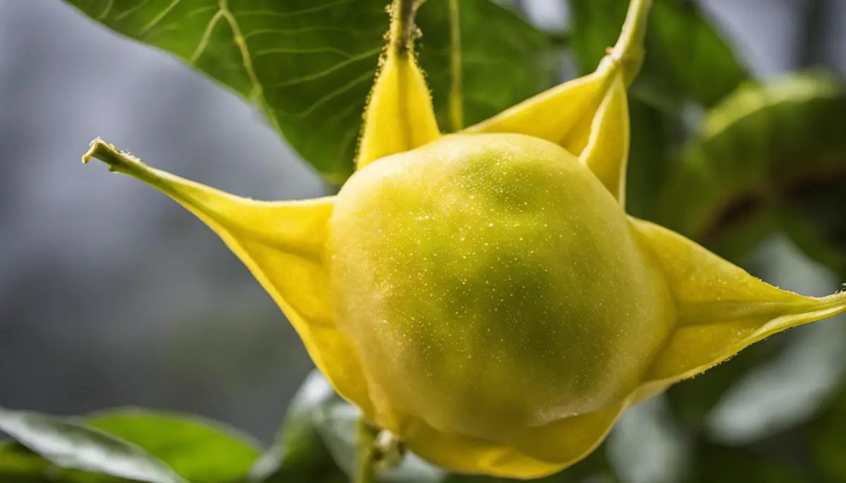A close-up image of a star fruit, showcasing its unique shape and vibrant yellow color.