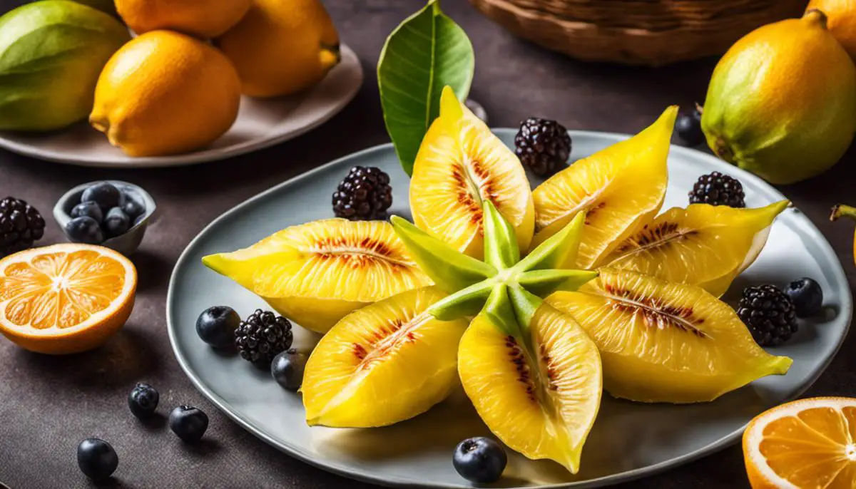 Image of a star fruit with slices on a plate, surrounded by berries and citrus fruits.