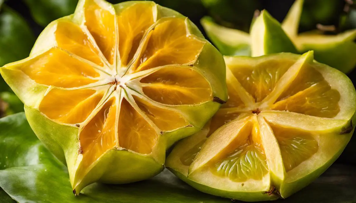 Image of a ripe star fruit cut in half, displaying its star shape with yellow-orange flesh.