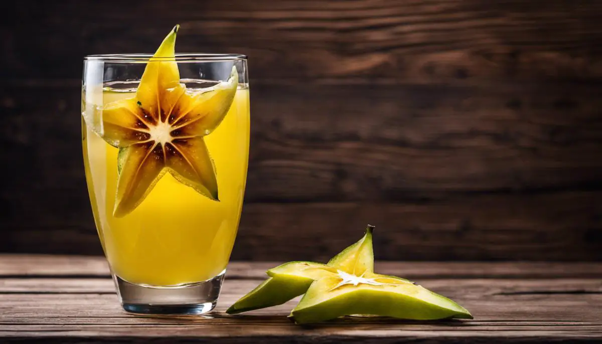 A glass of star fruit juice with a sliced star fruit on a wooden table