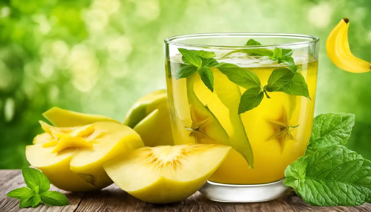 A glass of star fruit juice with slices of star fruit and mint leaves, representing the refreshing and nutritious qualities of star fruit juice.