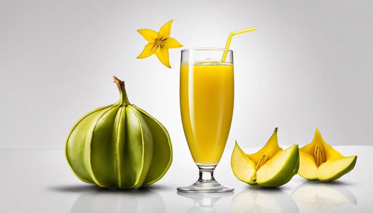 A glass of star fruit juice with a slice of star fruit on a white background